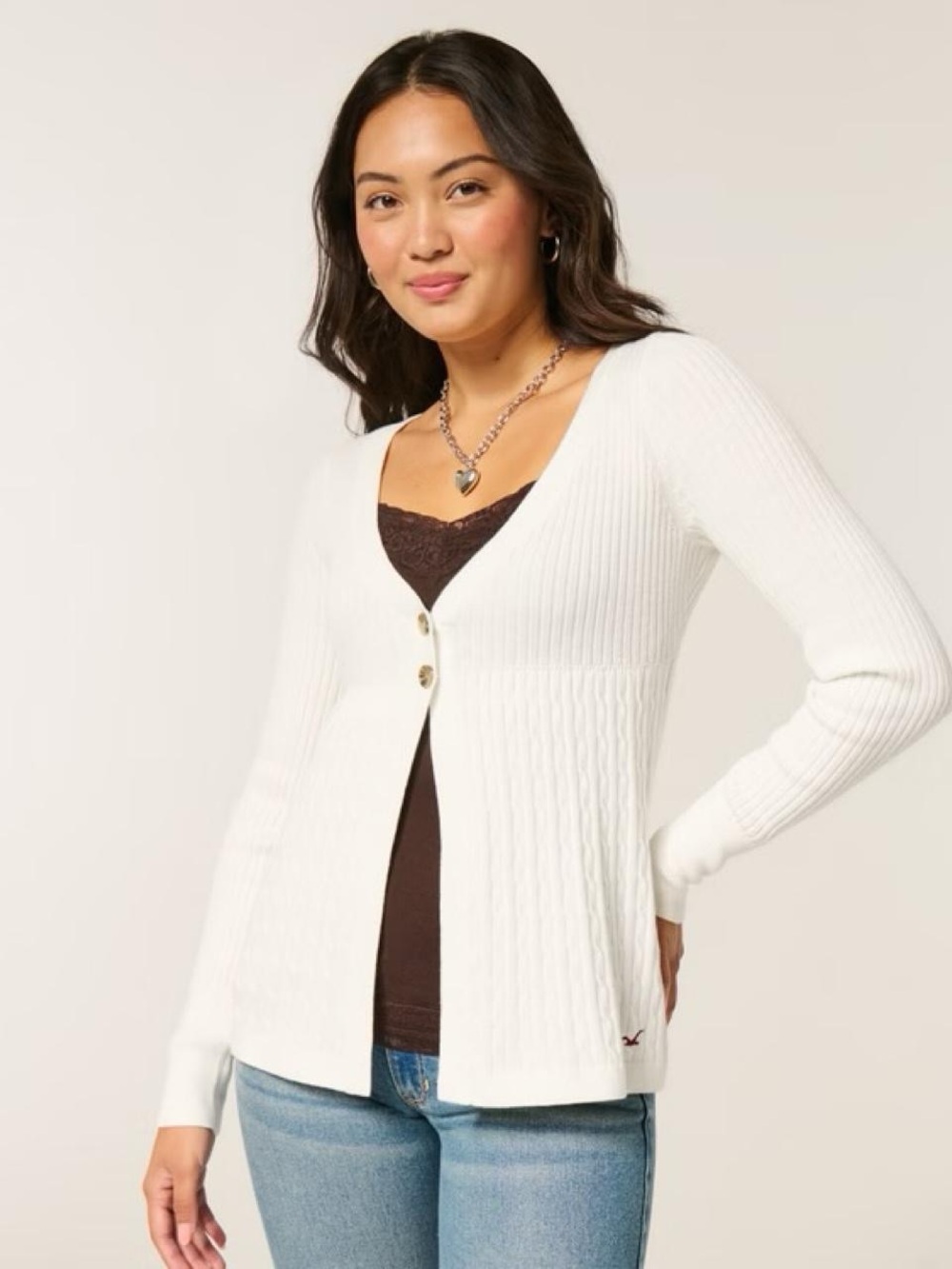 Hollister White Ribbed V-Neck Button Front Cardigan